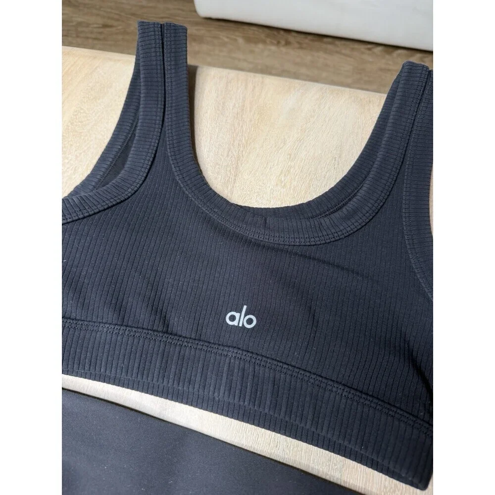 Alo Yoga SET Airlift 7/8 Length Leggings AND Wellness Ribbed Bra in Black XS